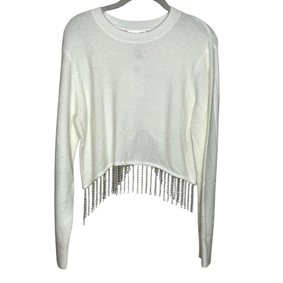 Line & Dot Sweater Womens Small White Beaded Fringe Hem Crewneck Cropped LT4434L - Picture 1 of 9